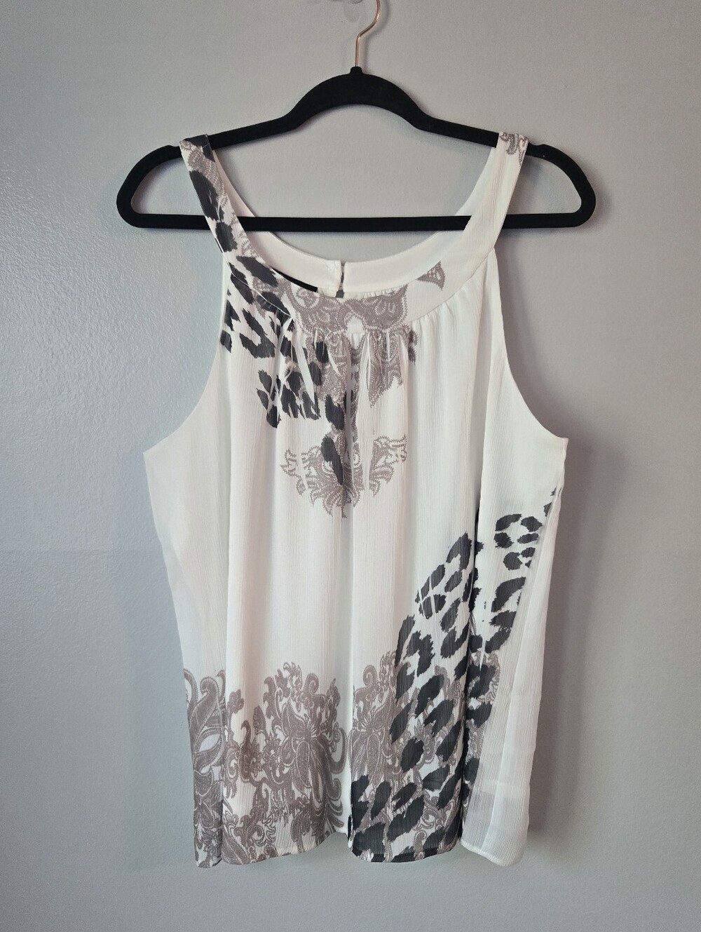 AGB Chiffon Halter Blouse Large L White Mixed Animal Print Baroque Keyhole Flaw